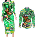 Canberra Raiders Couples Matching Long Sleeve Bodycon Dress and Long Sleeve Button Shirt Aboriginal Dot Pattern - Rugby Mascot Heritage Pride