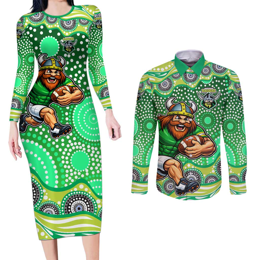 Canberra Raiders Couples Matching Long Sleeve Bodycon Dress and Long Sleeve Button Shirt Aboriginal Dot Pattern - Rugby Mascot Heritage Pride
