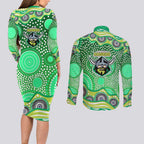 Canberra Raiders Couples Matching Long Sleeve Bodycon Dress and Long Sleeve Button Shirt Aboriginal Dot Pattern - Rugby Mascot Heritage Pride