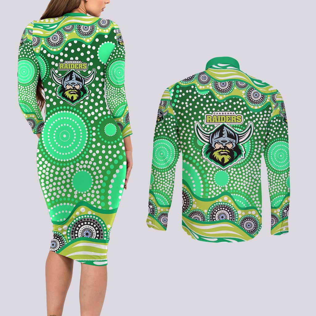 Canberra Raiders Couples Matching Long Sleeve Bodycon Dress and Long Sleeve Button Shirt Aboriginal Dot Pattern - Rugby Mascot Heritage Pride