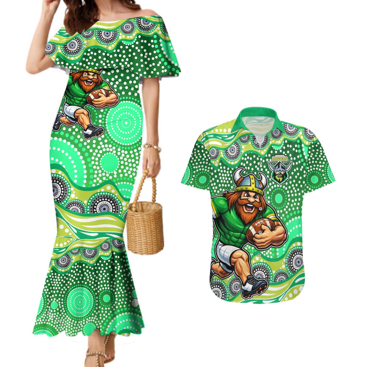 Canberra Raiders Couples Matching Mermaid Dress and Hawaiian Shirt Aboriginal Dot Pattern - Rugby Mascot Heritage Pride