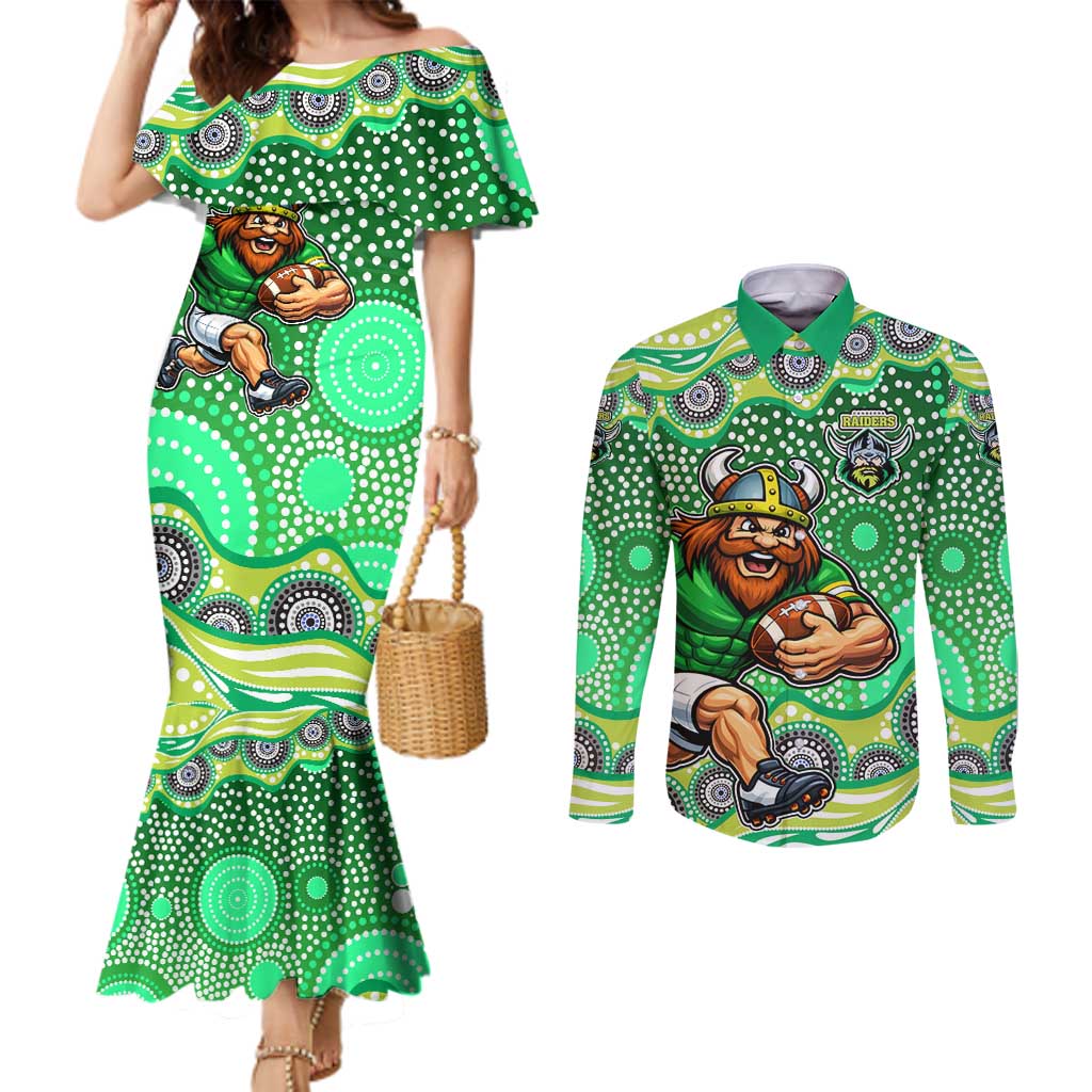 Canberra Raiders Couples Matching Mermaid Dress and Long Sleeve Button Shirt Aboriginal Dot Pattern - Rugby Mascot Heritage Pride