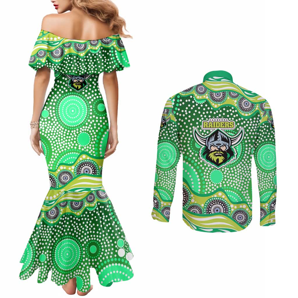 Canberra Raiders Couples Matching Mermaid Dress and Long Sleeve Button Shirt Aboriginal Dot Pattern - Rugby Mascot Heritage Pride