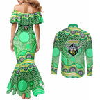 Canberra Raiders Couples Matching Mermaid Dress and Long Sleeve Button Shirt Aboriginal Dot Pattern - Rugby Mascot Heritage Pride