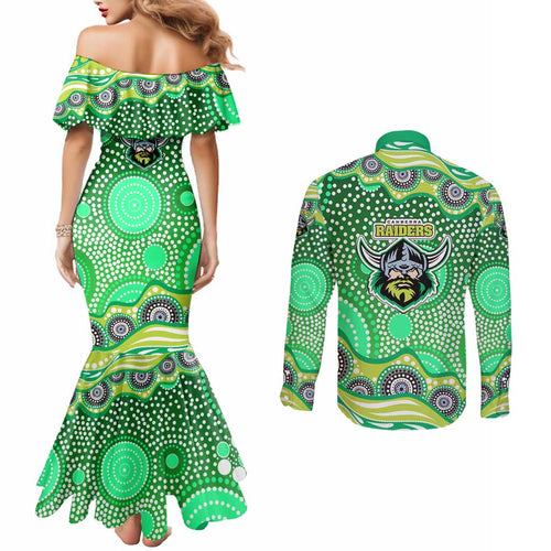 Canberra Raiders Couples Matching Mermaid Dress and Long Sleeve Button Shirt Aboriginal Dot Pattern - Rugby Mascot Heritage Pride