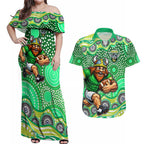 Canberra Raiders Couples Matching Off Shoulder Maxi Dress and Hawaiian Shirt Aboriginal Dot Pattern - Rugby Mascot Heritage Pride
