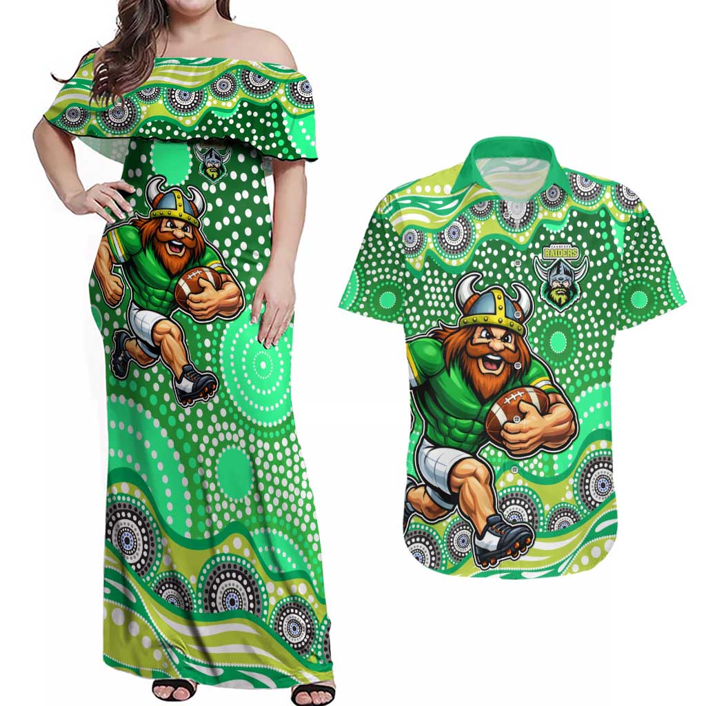 Canberra Raiders Couples Matching Off Shoulder Maxi Dress and Hawaiian Shirt Aboriginal Dot Pattern - Rugby Mascot Heritage Pride