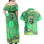Canberra Raiders Couples Matching Off Shoulder Maxi Dress and Hawaiian Shirt Aboriginal Dot Pattern - Rugby Mascot Heritage Pride