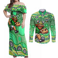 Canberra Raiders Couples Matching Off Shoulder Maxi Dress and Long Sleeve Button Shirt Aboriginal Dot Pattern - Rugby Mascot Heritage Pride