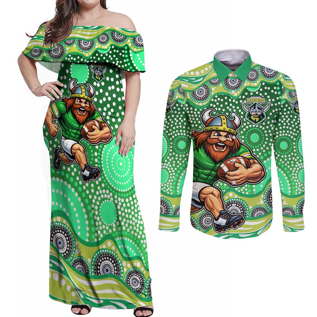 Canberra Raiders Couples Matching Off Shoulder Maxi Dress and Long Sleeve Button Shirt Aboriginal Dot Pattern - Rugby Mascot Heritage Pride