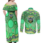 Canberra Raiders Couples Matching Off Shoulder Maxi Dress and Long Sleeve Button Shirt Aboriginal Dot Pattern - Rugby Mascot Heritage Pride