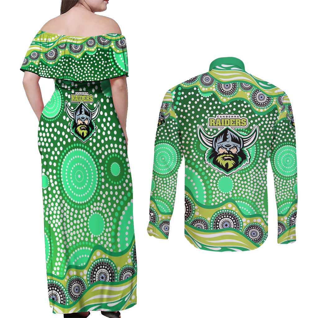 Canberra Raiders Couples Matching Off Shoulder Maxi Dress and Long Sleeve Button Shirt Aboriginal Dot Pattern - Rugby Mascot Heritage Pride
