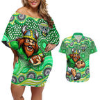 Canberra Raiders Couples Matching Off Shoulder Short Dress and Hawaiian Shirt Aboriginal Dot Pattern - Rugby Mascot Heritage Pride