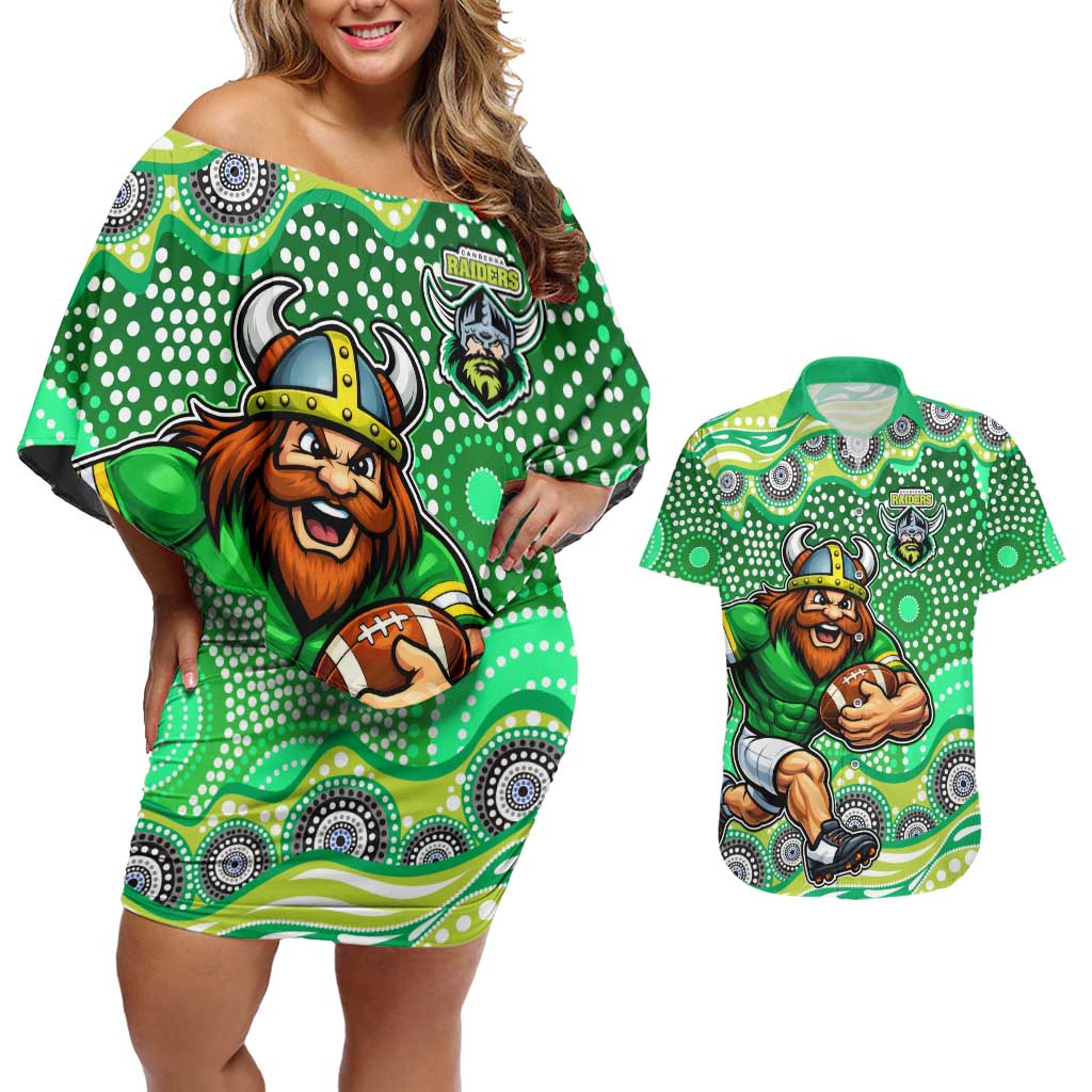 Canberra Raiders Couples Matching Off Shoulder Short Dress and Hawaiian Shirt Aboriginal Dot Pattern - Rugby Mascot Heritage Pride