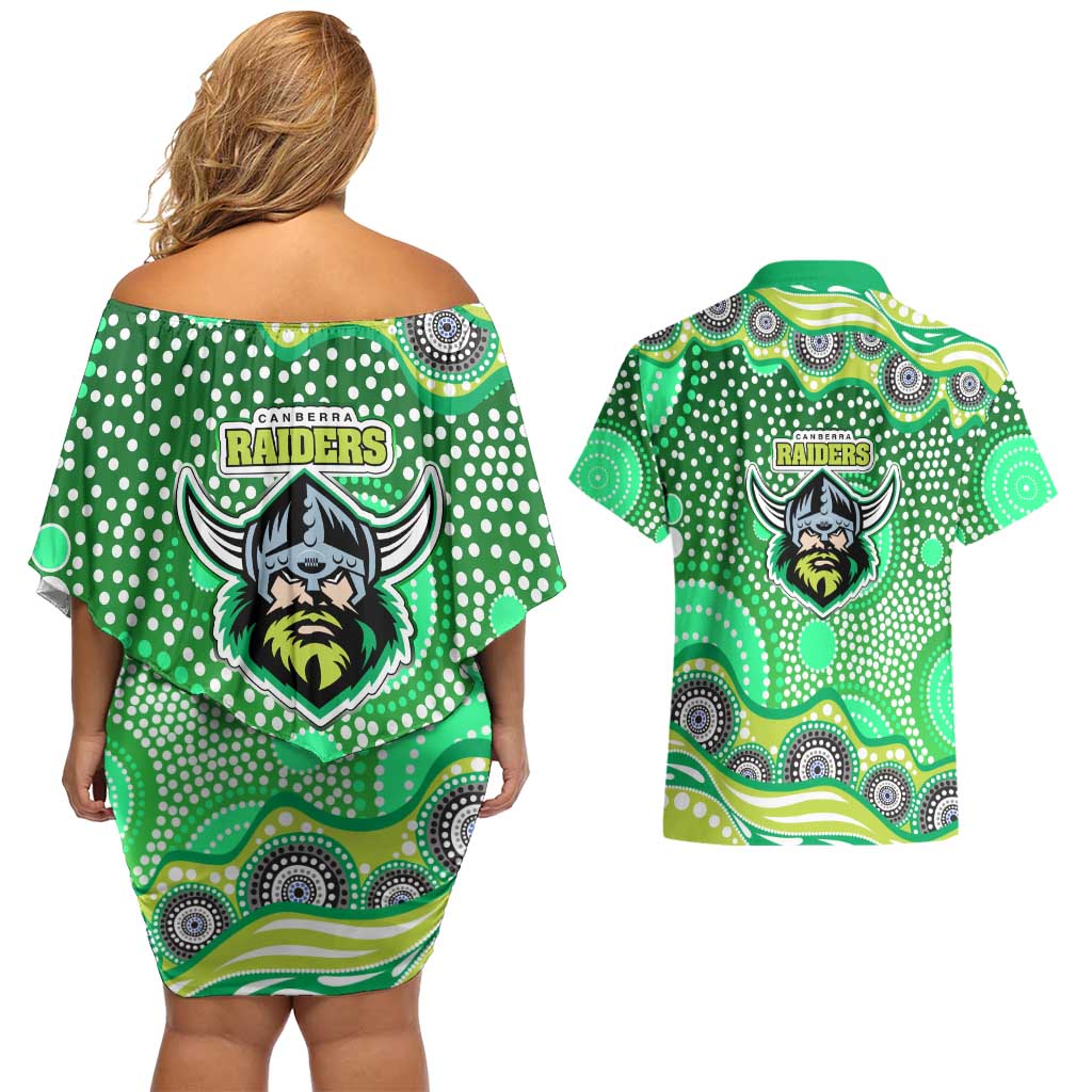 Canberra Raiders Couples Matching Off Shoulder Short Dress and Hawaiian Shirt Aboriginal Dot Pattern - Rugby Mascot Heritage Pride