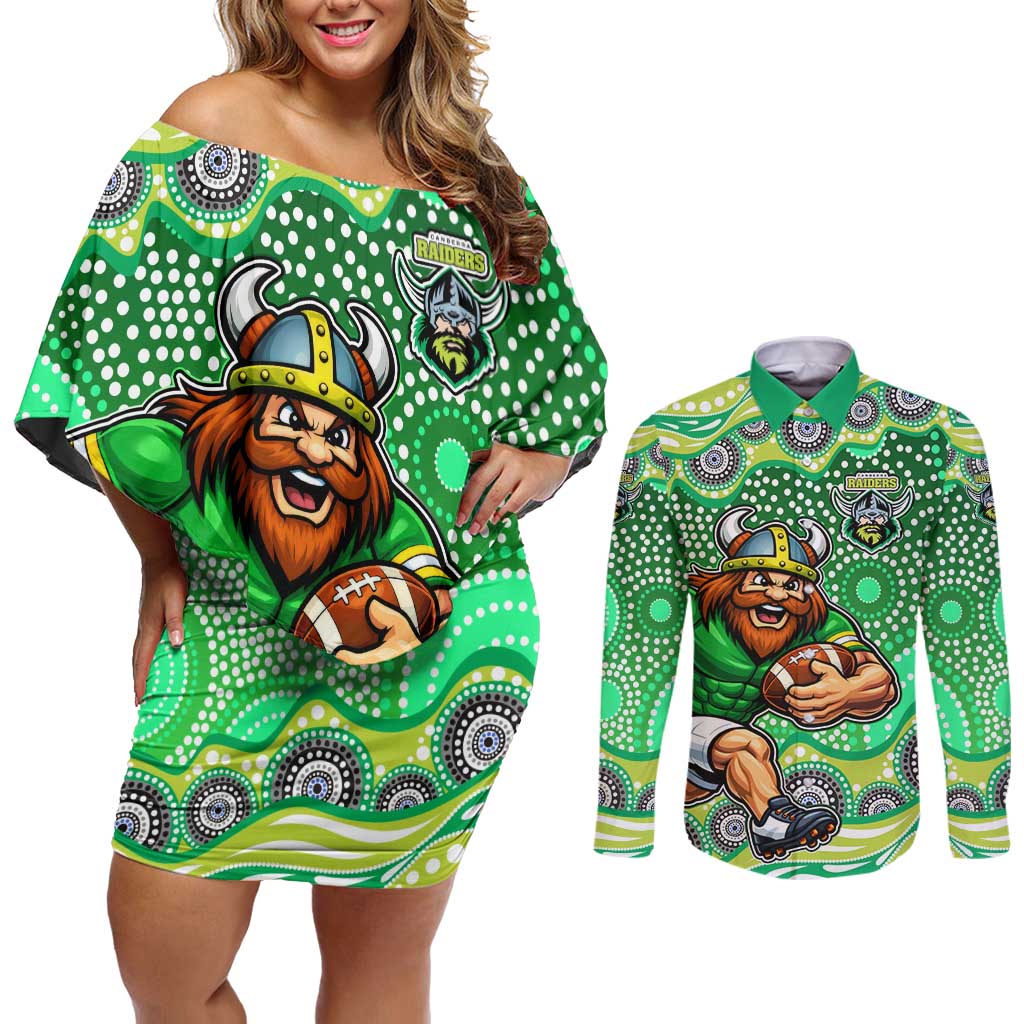 Canberra Raiders Couples Matching Off Shoulder Short Dress and Long Sleeve Button Shirt Aboriginal Dot Pattern - Rugby Mascot Heritage Pride