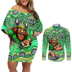 Canberra Raiders Couples Matching Off Shoulder Short Dress and Long Sleeve Button Shirt Aboriginal Dot Pattern - Rugby Mascot Heritage Pride