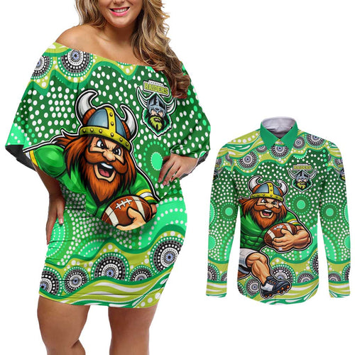 Canberra Raiders Couples Matching Off Shoulder Short Dress and Long Sleeve Button Shirt Aboriginal Dot Pattern - Rugby Mascot Heritage Pride