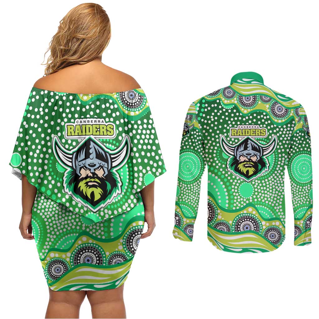 Canberra Raiders Couples Matching Off Shoulder Short Dress and Long Sleeve Button Shirt Aboriginal Dot Pattern - Rugby Mascot Heritage Pride