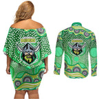 Canberra Raiders Couples Matching Off Shoulder Short Dress and Long Sleeve Button Shirt Aboriginal Dot Pattern - Rugby Mascot Heritage Pride
