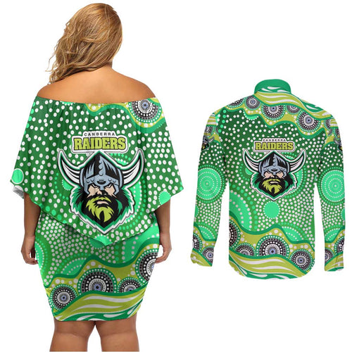 Canberra Raiders Couples Matching Off Shoulder Short Dress and Long Sleeve Button Shirt Aboriginal Dot Pattern - Rugby Mascot Heritage Pride