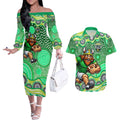 Canberra Raiders Couples Matching Off The Shoulder Long Sleeve Dress and Hawaiian Shirt Aboriginal Dot Pattern - Rugby Mascot Heritage Pride