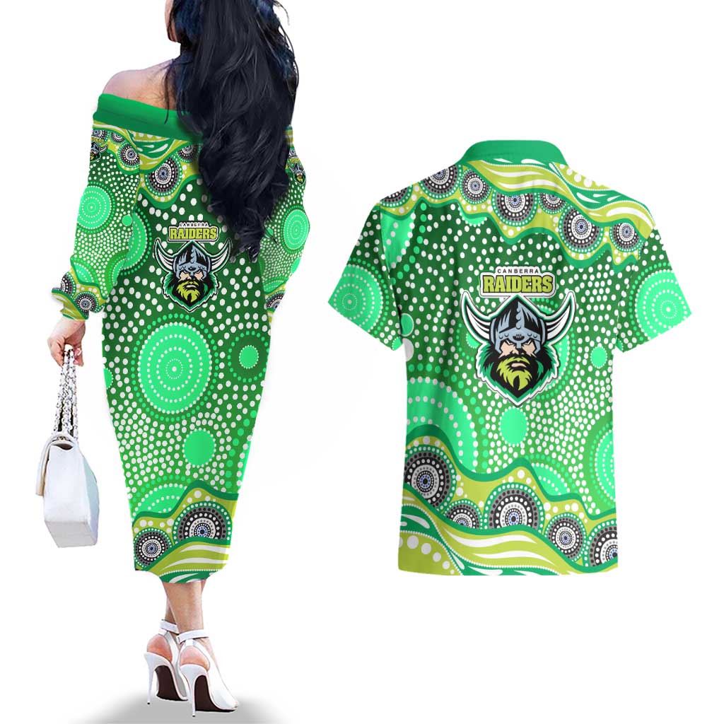Canberra Raiders Couples Matching Off The Shoulder Long Sleeve Dress and Hawaiian Shirt Aboriginal Dot Pattern - Rugby Mascot Heritage Pride
