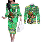 Canberra Raiders Couples Matching Off The Shoulder Long Sleeve Dress and Long Sleeve Button Shirt Aboriginal Dot Pattern - Rugby Mascot Heritage Pride