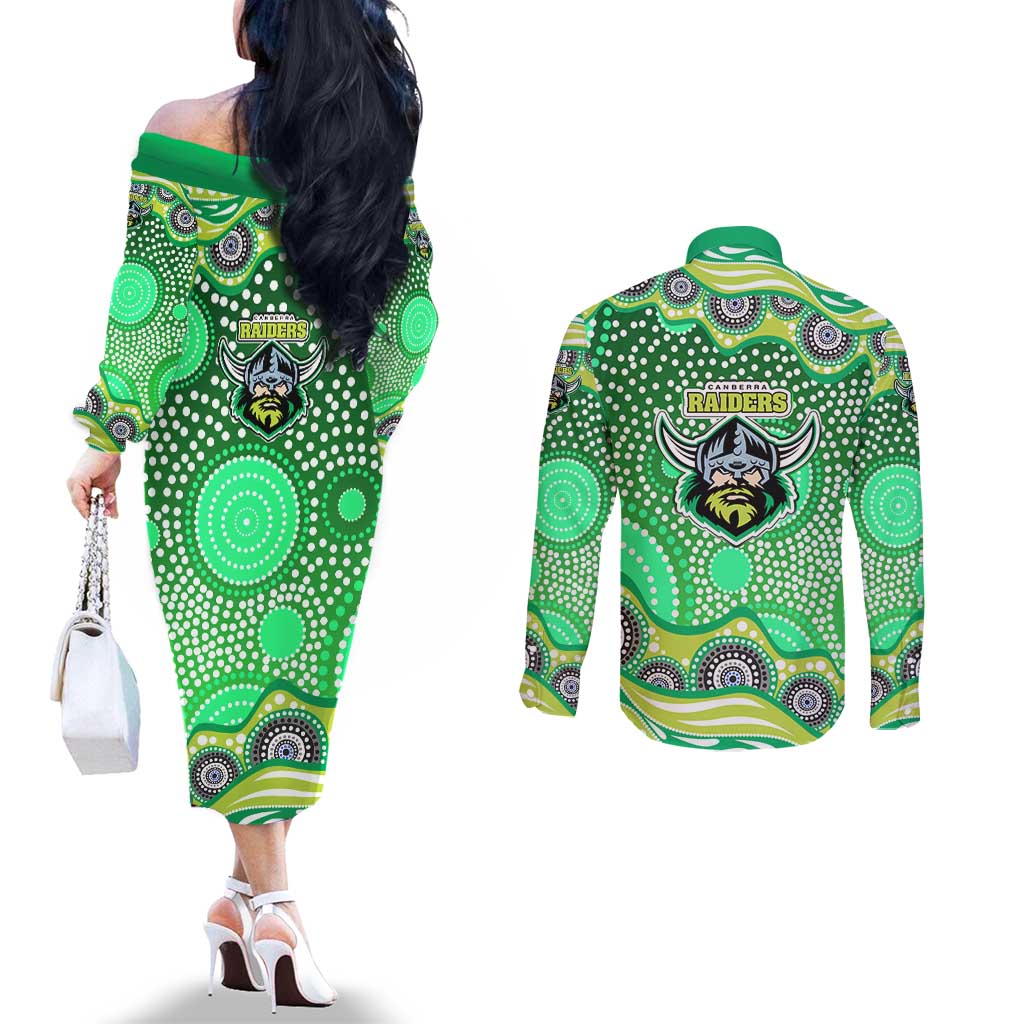 Canberra Raiders Couples Matching Off The Shoulder Long Sleeve Dress and Long Sleeve Button Shirt Aboriginal Dot Pattern - Rugby Mascot Heritage Pride