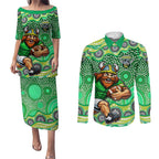 Canberra Raiders Couples Matching Puletasi and Long Sleeve Button Shirt Aboriginal Dot Pattern - Rugby Mascot Heritage Pride