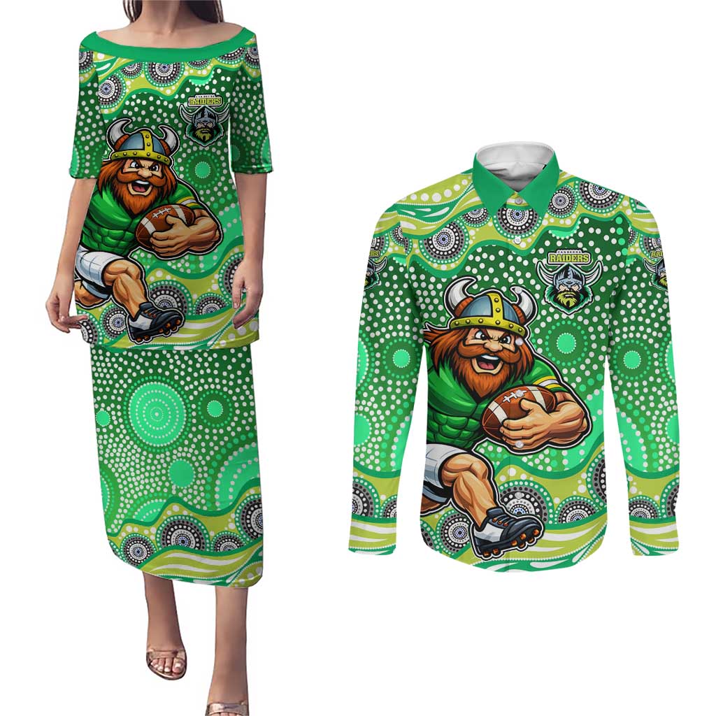 Canberra Raiders Couples Matching Puletasi and Long Sleeve Button Shirt Aboriginal Dot Pattern - Rugby Mascot Heritage Pride