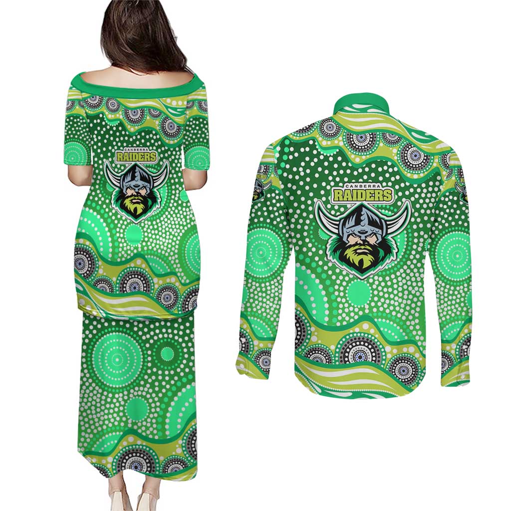 Canberra Raiders Couples Matching Puletasi and Long Sleeve Button Shirt Aboriginal Dot Pattern - Rugby Mascot Heritage Pride