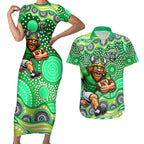Canberra Raiders Couples Matching Short Sleeve Bodycon Dress and Hawaiian Shirt Aboriginal Dot Pattern - Rugby Mascot Heritage Pride