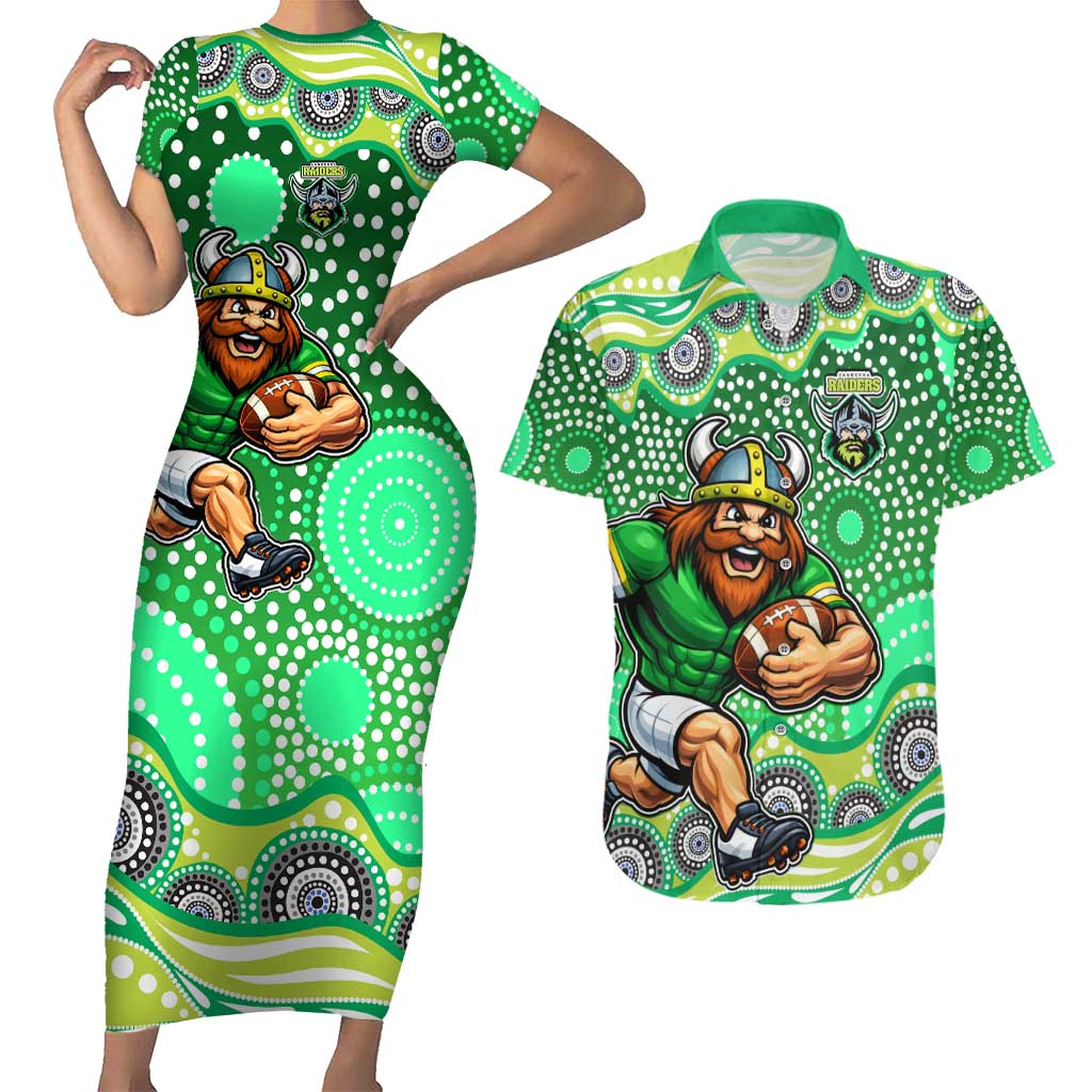Canberra Raiders Couples Matching Short Sleeve Bodycon Dress and Hawaiian Shirt Aboriginal Dot Pattern - Rugby Mascot Heritage Pride