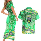Canberra Raiders Couples Matching Short Sleeve Bodycon Dress and Hawaiian Shirt Aboriginal Dot Pattern - Rugby Mascot Heritage Pride