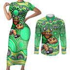 Canberra Raiders Couples Matching Short Sleeve Bodycon Dress and Long Sleeve Button Shirt Aboriginal Dot Pattern - Rugby Mascot Heritage Pride