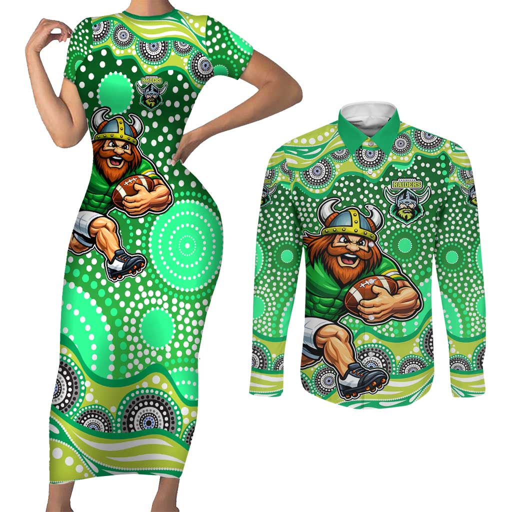 Canberra Raiders Couples Matching Short Sleeve Bodycon Dress and Long Sleeve Button Shirt Aboriginal Dot Pattern - Rugby Mascot Heritage Pride