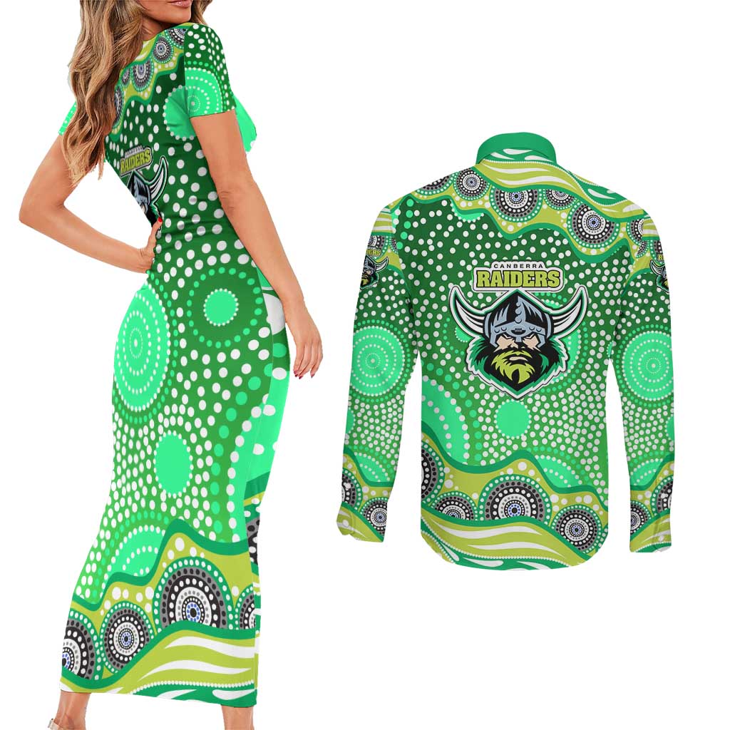 Canberra Raiders Couples Matching Short Sleeve Bodycon Dress and Long Sleeve Button Shirt Aboriginal Dot Pattern - Rugby Mascot Heritage Pride