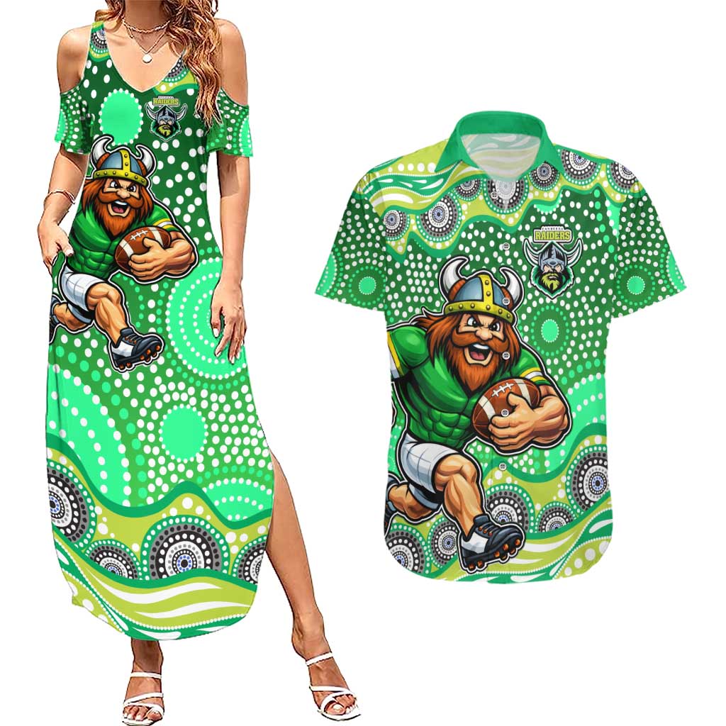 Canberra Raiders Couples Matching Summer Maxi Dress and Hawaiian Shirt Aboriginal Dot Pattern - Rugby Mascot Heritage Pride