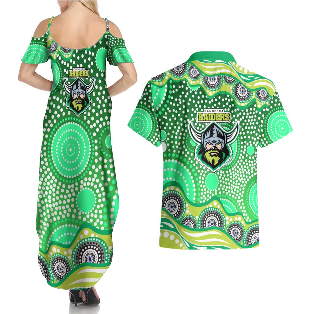 Canberra Raiders Couples Matching Summer Maxi Dress and Hawaiian Shirt Aboriginal Dot Pattern - Rugby Mascot Heritage Pride