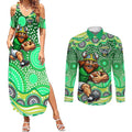 Canberra Raiders Couples Matching Summer Maxi Dress and Long Sleeve Button Shirt Aboriginal Dot Pattern - Rugby Mascot Heritage Pride