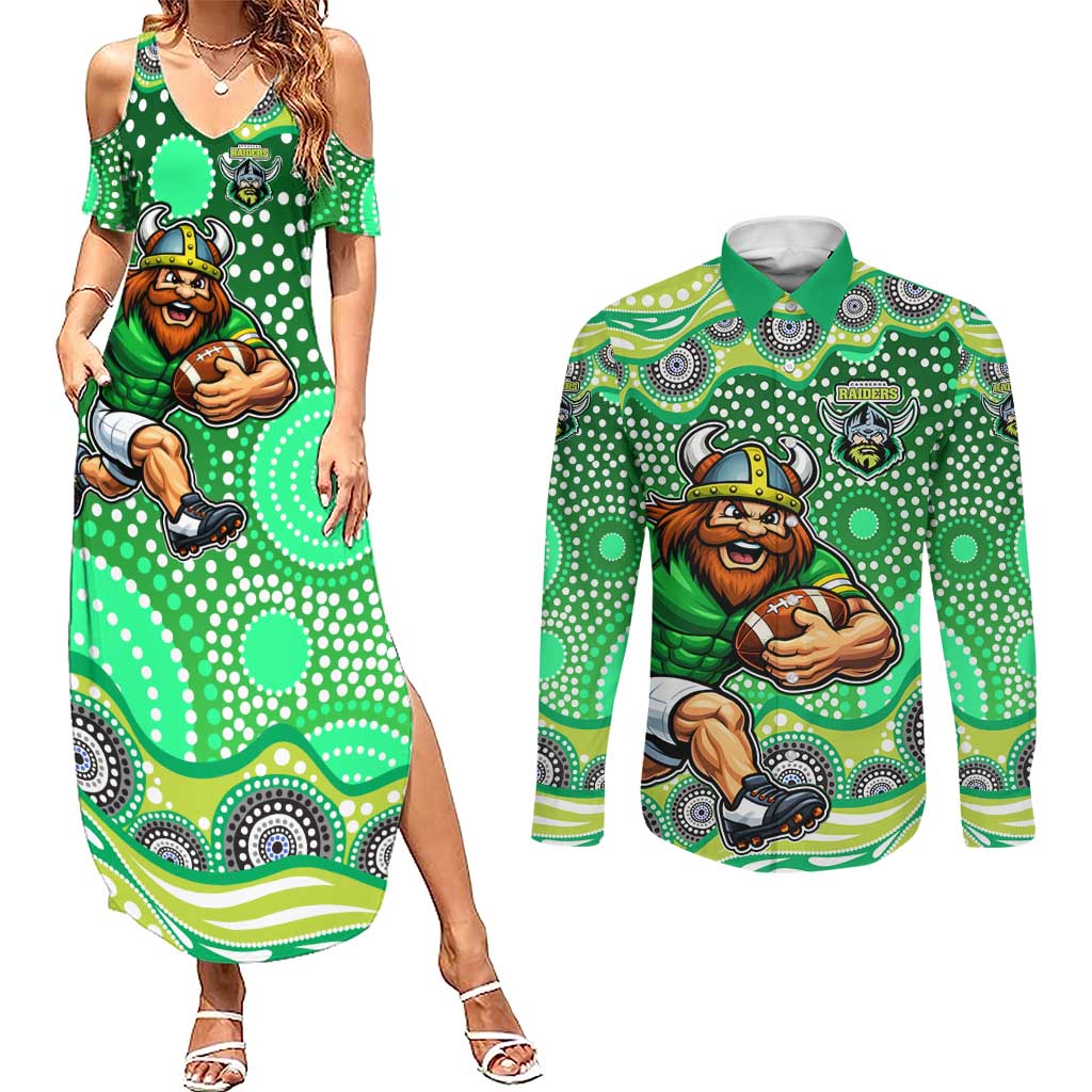 Canberra Raiders Couples Matching Summer Maxi Dress and Long Sleeve Button Shirt Aboriginal Dot Pattern - Rugby Mascot Heritage Pride