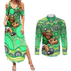 Canberra Raiders Couples Matching Summer Maxi Dress and Long Sleeve Button Shirt Aboriginal Dot Pattern - Rugby Mascot Heritage Pride