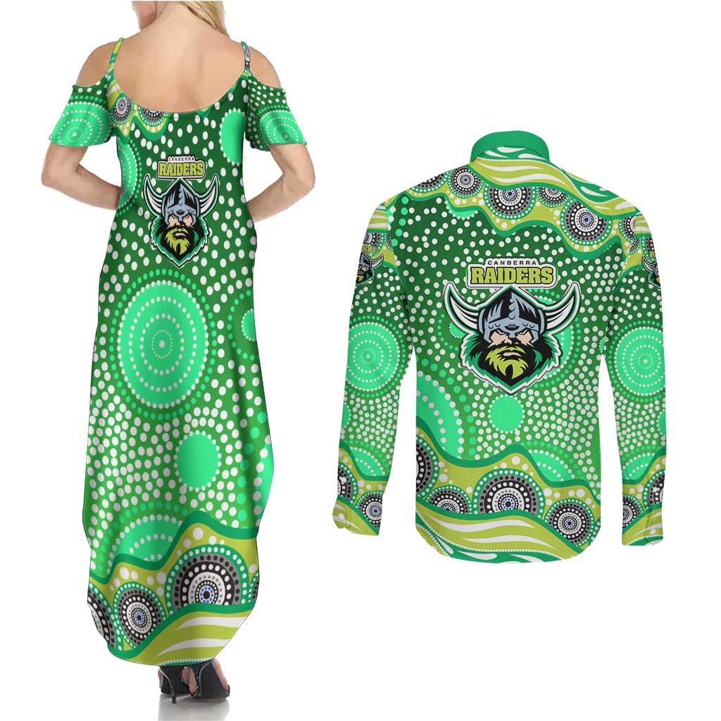 Canberra Raiders Couples Matching Summer Maxi Dress and Long Sleeve Button Shirt Aboriginal Dot Pattern - Rugby Mascot Heritage Pride