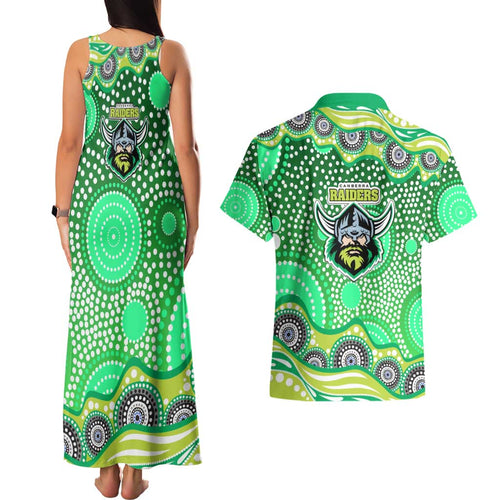 Canberra Raiders Couples Matching Tank Maxi Dress and Hawaiian Shirt Aboriginal Dot Pattern - Rugby Mascot Heritage Pride