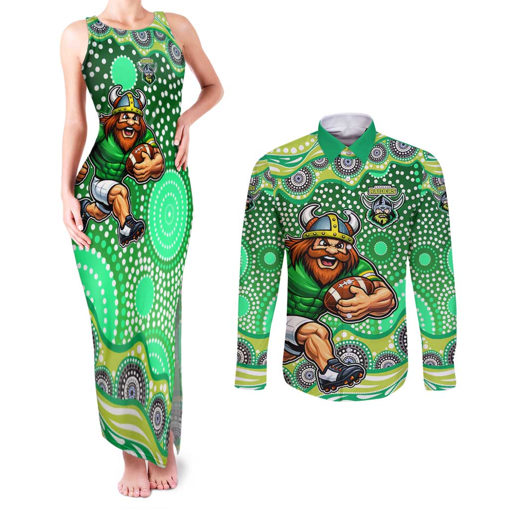 Canberra Raiders Couples Matching Tank Maxi Dress and Long Sleeve Button Shirt Aboriginal Dot Pattern - Rugby Mascot Heritage Pride