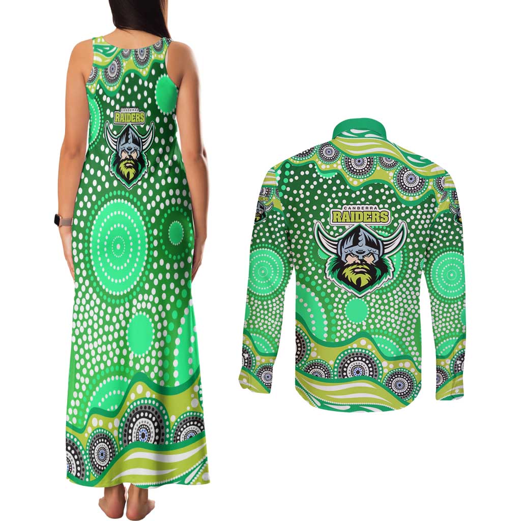 Canberra Raiders Couples Matching Tank Maxi Dress and Long Sleeve Button Shirt Aboriginal Dot Pattern - Rugby Mascot Heritage Pride