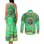 Canberra Raiders Couples Matching Tank Maxi Dress and Long Sleeve Button Shirt Aboriginal Dot Pattern - Rugby Mascot Heritage Pride