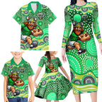 Canberra Raiders Family Matching Long Sleeve Bodycon Dress and Hawaiian Shirt Aboriginal Dot Pattern - Rugby Mascot Heritage Pride