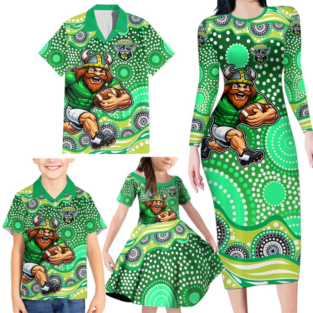 Canberra Raiders Family Matching Long Sleeve Bodycon Dress and Hawaiian Shirt Aboriginal Dot Pattern - Rugby Mascot Heritage Pride